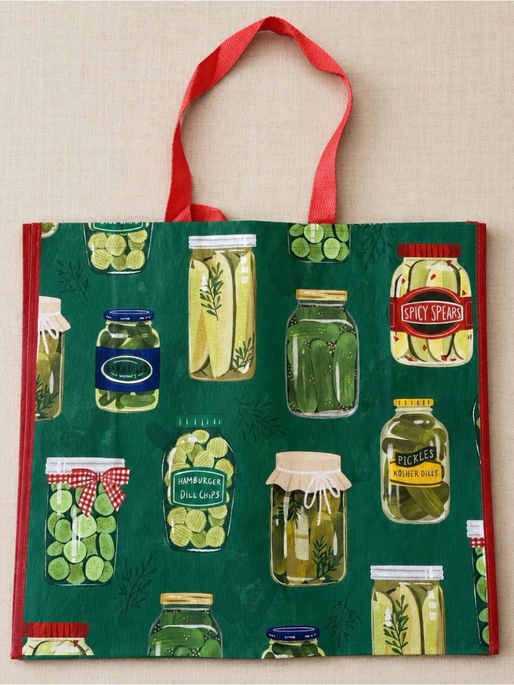 Pickle print reusable tote bag